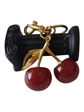 Gold Cherry Keychain with Glitter Red Bag Charm